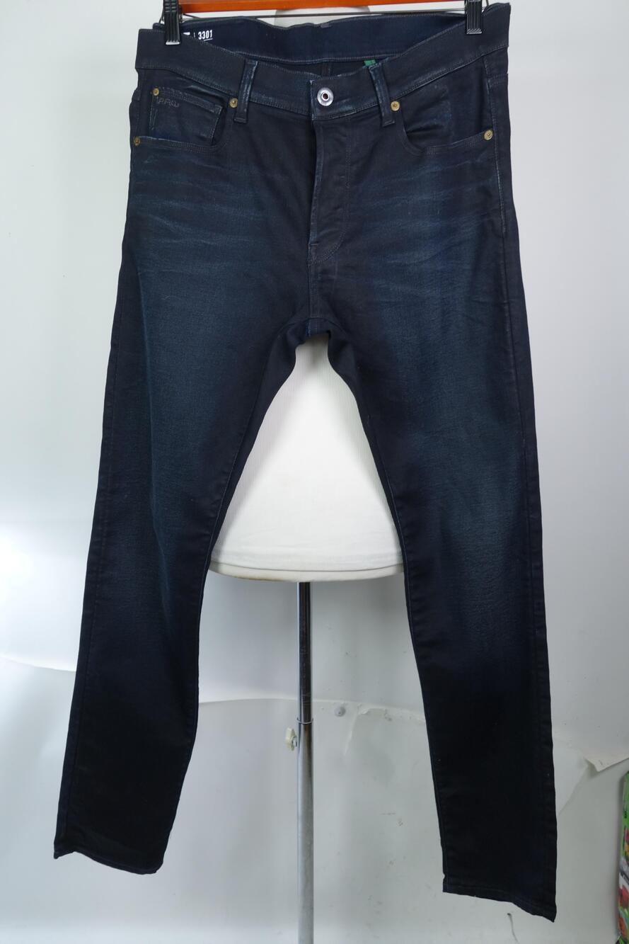 G-Star RAW 3301 Slim Jeans Mens 33x32 Dark Wash Blue Stretch Denim Button Fly